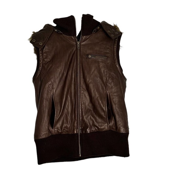 EMU Australian Sheepskin Leather Ladies Vest Dark Brown Fur trim Size Large - Picture 1 of 5